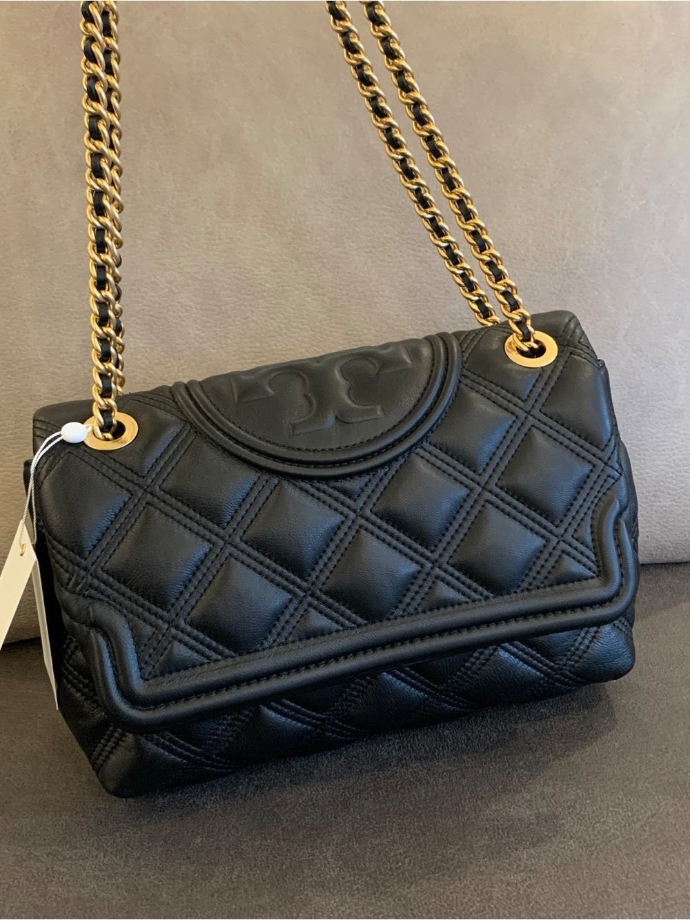 Tory Burch Black Quilted Leather Shoulder Bag with Gold Chain